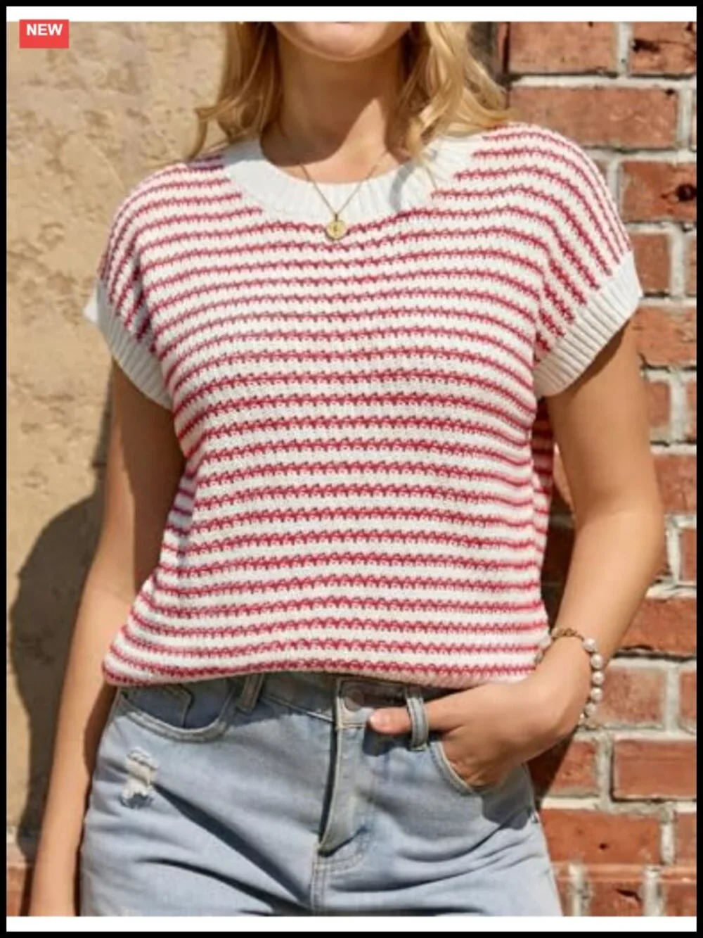 Lightweight Knit Striped Short Sleeve Sweater Vest